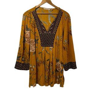 Soft Surroundings Etana Gold Floral Embroidered Tunic Top Blouse Sz L Flowy Boho